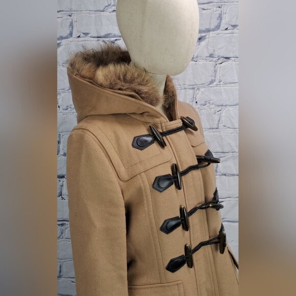 Burberry Womens Duffle Toggle Fur Hood Jacket Winter Camel Wool Nova Check 12 US - Picture 3 of 16